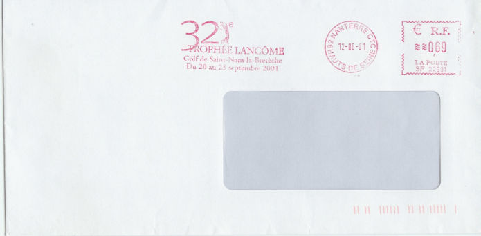 Envellope Oblitération golf 32eme Trophée Lancôme sur enveloppe.