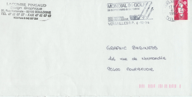 Envellope Mondial Golf 1994 Oblitération versaille Specimen SECAP-2