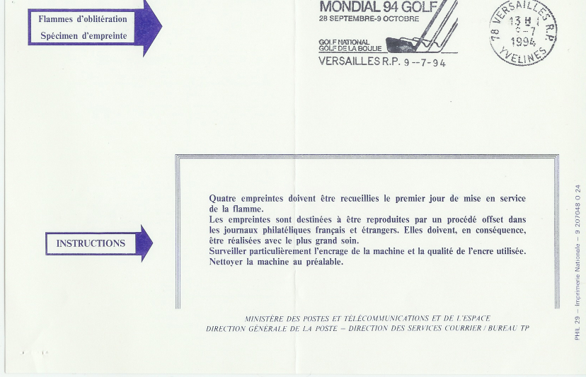 Envellope Mondial Golf 1994 Oblitération Specimen SECAP