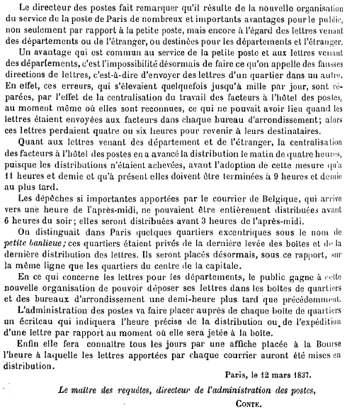 Avis de l'administration des postes 1837.
