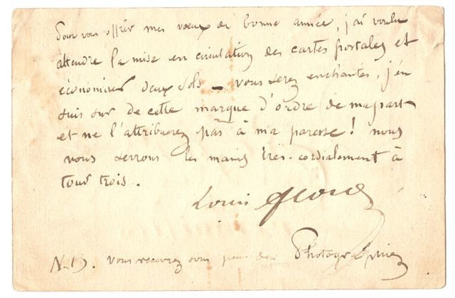 Verso de la carte précurseur du 15 janvier 1873.