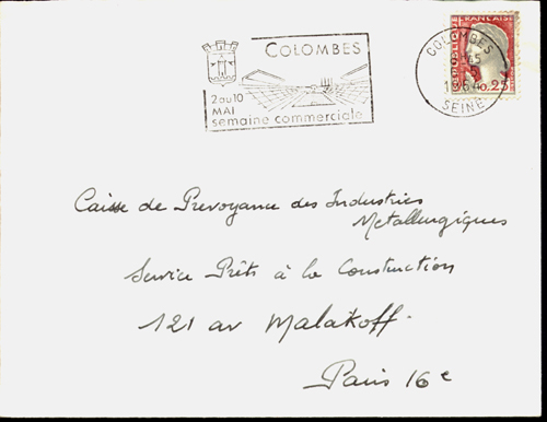 Envellope avec les armoiries de Colombes sur oblitération.