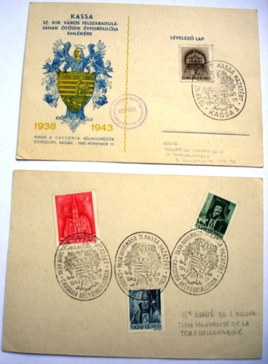 Carte souvenir commémorant le 5ème anniversaire du rattachement de Kosice à la Hongrie. 