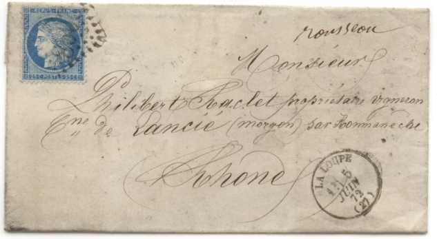 Lettre de1870 partant de la Loupe avec oblitération GC 2098. 