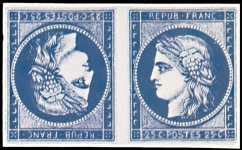 Timbre Tête-Bêche 25C Cérès de 1850.