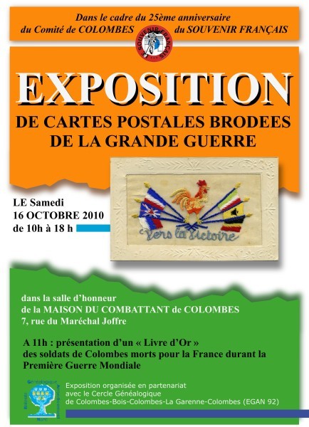 Affiche de l'exposition cartes postales brodées de la Grande guerre.