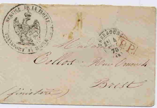 Lettre en port payé, oblitérée du 4 septembre 1870 posté de Cherbourg.