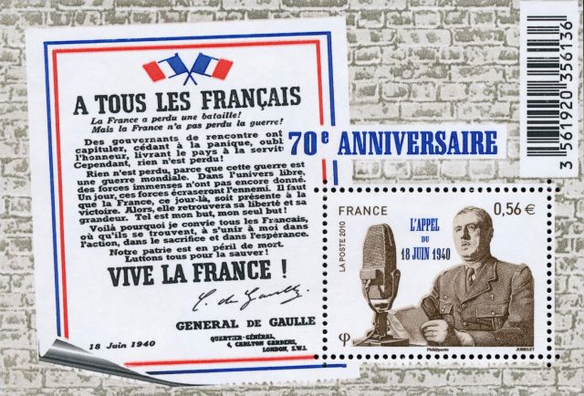 Bloc de Timbre - A Tous les français émis pour l'anniversaire de l'appel du 18 juin.
