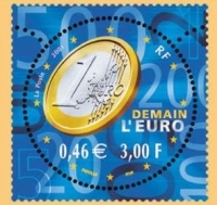 Timbre de France demain l'Euro - par Eric Fayolle imprimé en héliogravure de faciale franc/euro 0,46 € - 3,00 F
