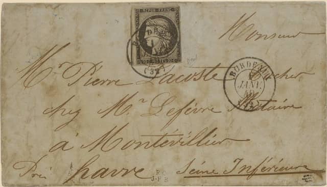 Lettre datée du 1er janvier 1849 et affranchie avec un timbre-poste 20c. noir Cérès. @coll. La Poste