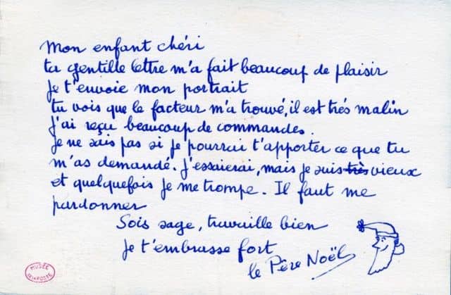 Texte de la carte réponse du père Noël de 1962 écrite par Françoise Dolto.