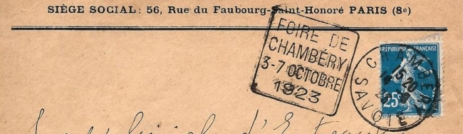 Obliteration Daguin de 1923 avec Publicité Foire de Chambery 1923.