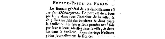 Petite poste de Paris extrait almanach 1786