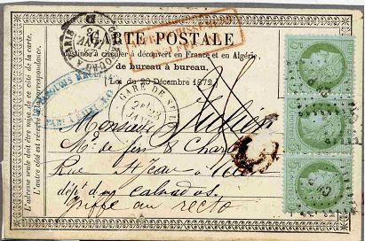 Carte postale précurseur CPA 1873 Oblitération Paris à Cherbourg. 