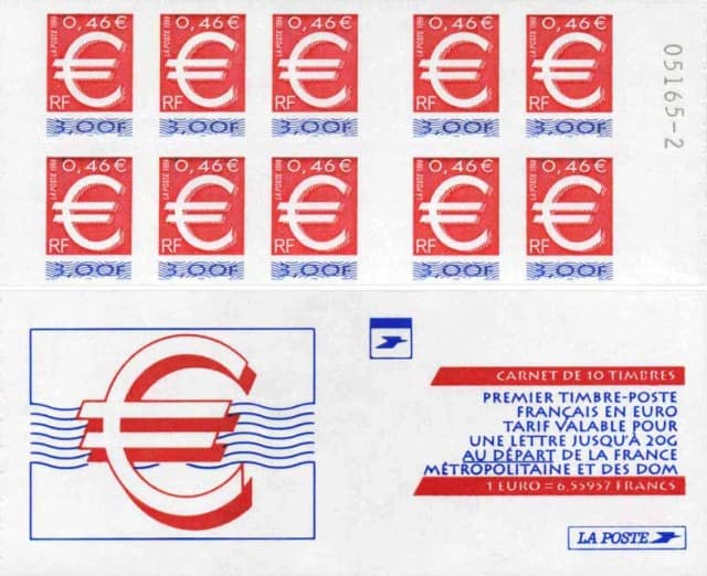 Carnet de timbres : le premier timbre français en euro.