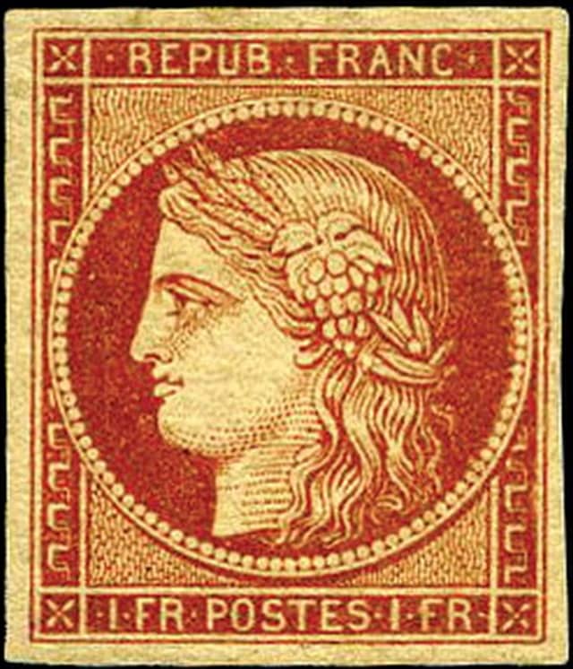 Le timbre d'un franc vermillon au type Cérès fait partie de la première émission de timbres d'usage courant français.