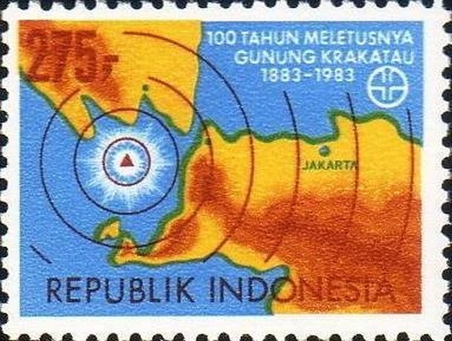 Timbre - Localisation de l'explosion du volcan Krakatau sur une carte d'indonésie.