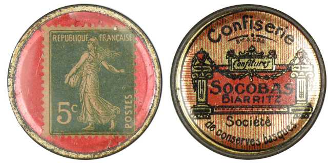Timbre-monnaie - Semeuse vert 5 Centimes. Confiserie Socobas Biarritz.