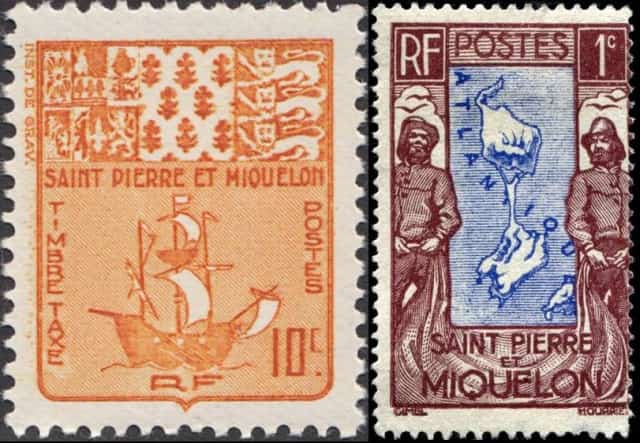 Timbres - Le blason et la carte de Saint-Pierre et Miquelon.