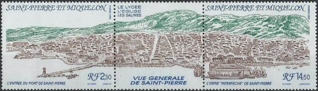 Timbres - Triptyque "Vue générale de St-Pierre - St-Pierre et Miquelon"
