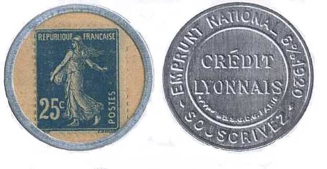Timbre-monnaie - Semeuse bleu 25 Centimes. Emprunt national 1920 Crédit Lyonnais.