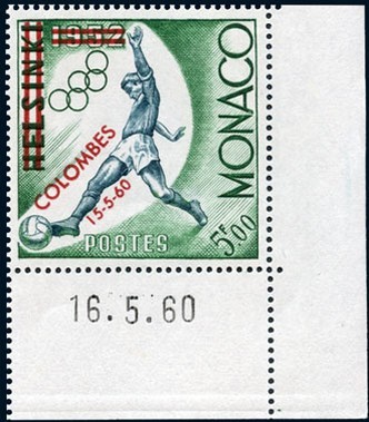 Timbre de 1960 avec surcharge - football Jeux Olympique d'Helsinki.