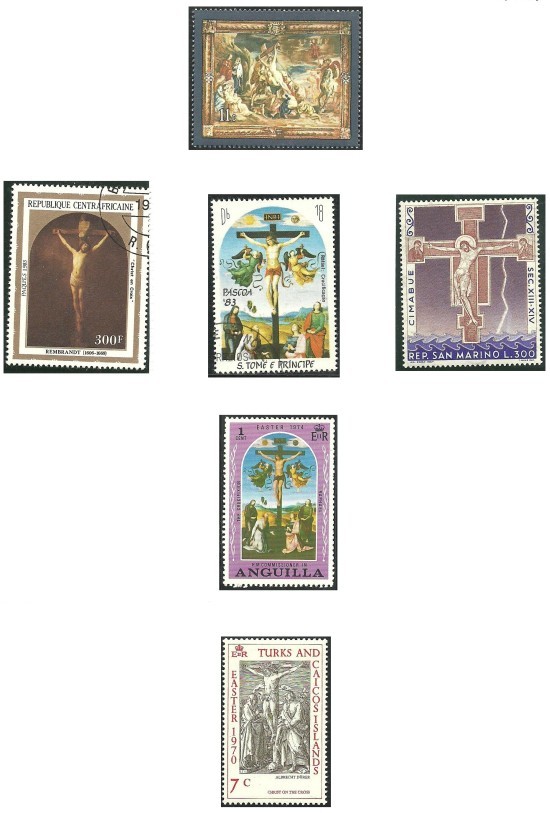 Plusieurs timbres sur la crucifixion formant une croix.