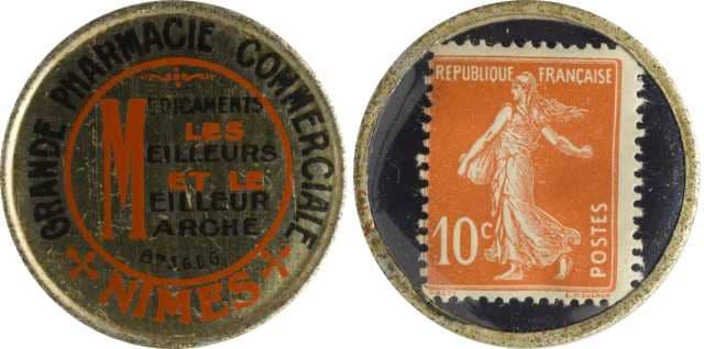 Timbre-monnaie - Semeuse 10 Centimes orange. Grande pharmacie commerciale Nîmes.