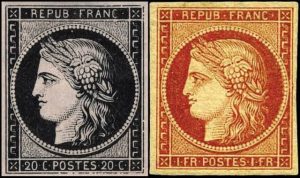 les premiers timbres de France - Le 1 Franc vermillon et le 20 C. Cérès.