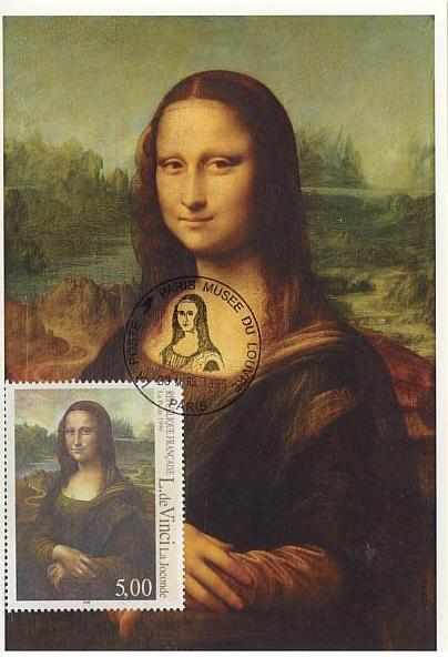 Carte postale- Tableau Portrait de Mona Lisa, dite La Joconde avec timbre.
