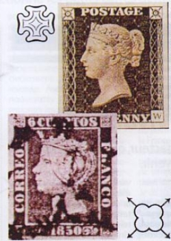 Timbre Anglais One Penny Black  reine Victoria et Timbre 6 cuertos Espagne reine Isabelle II.