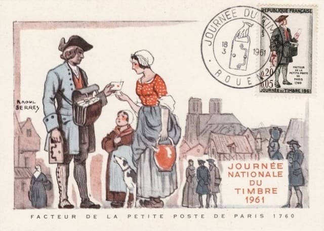 Carte journée du timbre 1961; Facteur de la Petite poste de Paris 1960.
