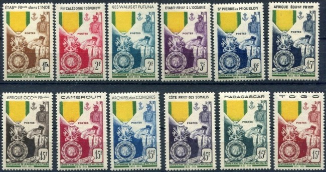 Timbres du centenairte de la Médaille Militaire (1952) - Série colonies Française.