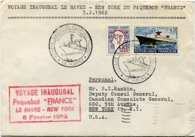 Courrier Voyage inaugural Le Havre - New York du Paquebot France.
