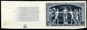 Timbre non dentelé de France émis pour le 75e anniversaire de l'Union Postale Universelle en 1949.