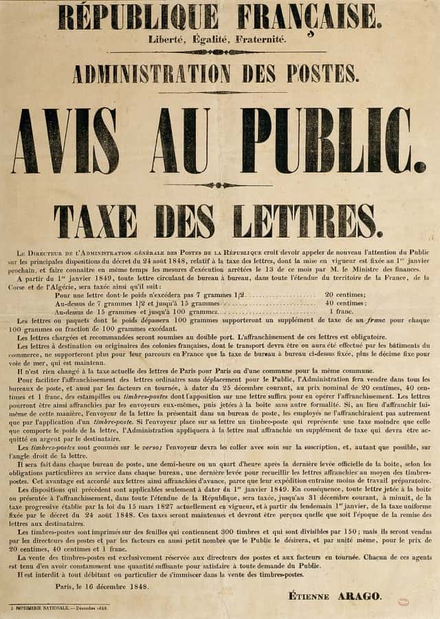 Avis au public sur la taxe des lettres au 1er janvier 1849, datée du 16 décembre 1848 et signée Etienne Arago.