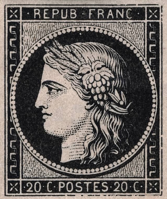 1849 premier timbre français, le 20C. noir Cérès, à l’effigie de la déesse de l’agriculture et des moissons.