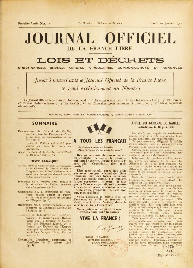 Journal officiel de la france libre du 20 janvier 1941.