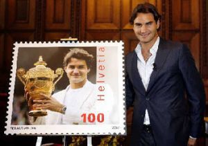 Portrait du joueur de tennis Roger Federer sur Timbre suisse 2007.
