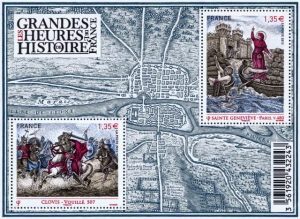 Bloc de timbres - Les grandes heures de l'histoire - Sainte Geneviève et Clovis avec Plan de la ville de Paris au Vème Siècle.