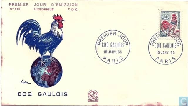 Enveloppe Premier Jour de 1965 avec timbre au Type Coq de Decaris.