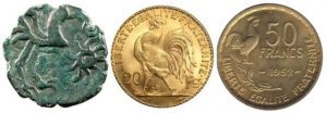 Différentes pièces de monnaie avec le coq frappé dessus.