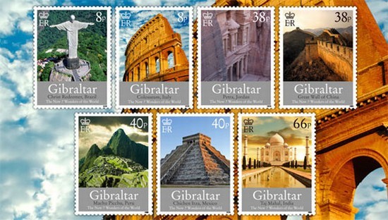 Les Sept nouvelles merveilles du monde en timbres.