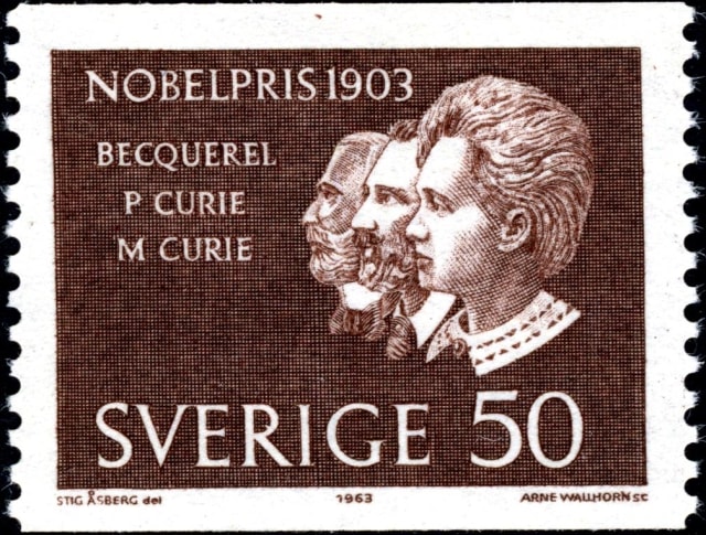 Timbre - Le Prix nobel 1903 - Becquerel et les époux Curie.