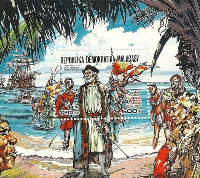 Timbre - Christophe Colomb pose les pieds sur l'île de San Salvador au Bahamas en 1492.
