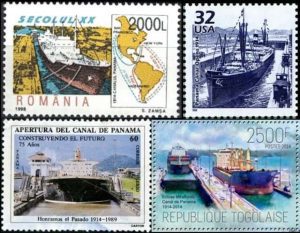 Timbres - De gigantesques bateaux naviguent sur le Canal de Panama.